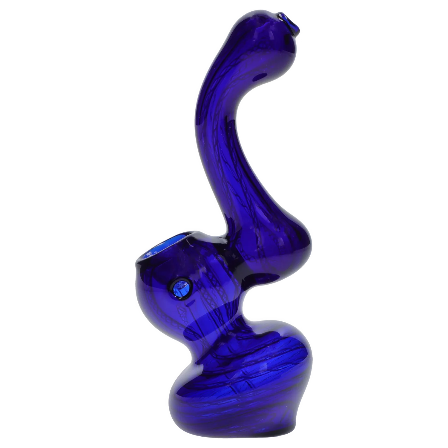 Side profile of the Smoke Cartel Mini Bubbler with Colored Tube in deep cobalt blue, shown on a white background.