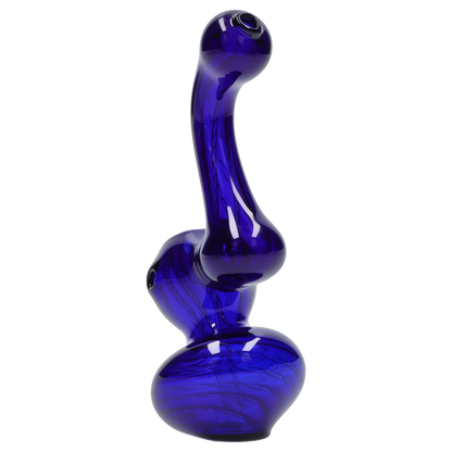 Angled close-up of a cobalt glass Smoke Cartel Mini Bubbler with Colored Tube showing its curved neck and bulbous chamber against a white background