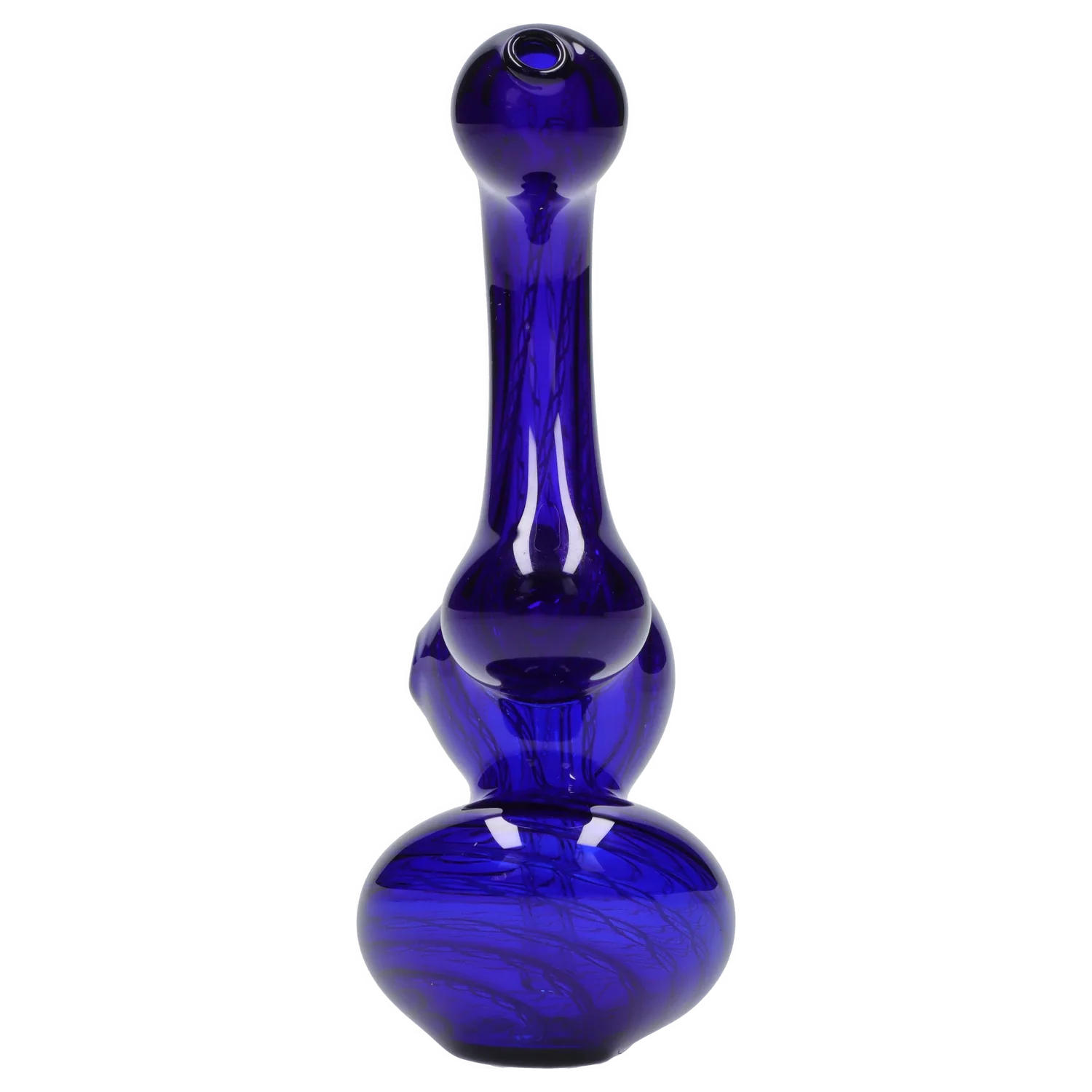 Centered vertical view of a deep blue Smoke Cartel Mini Bubbler with Colored Tube showing its bulbous base and long slender neck against a white background