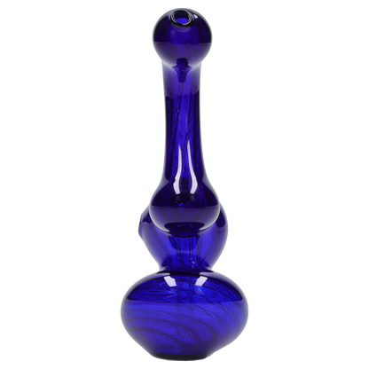 Centered vertical view of a deep blue Smoke Cartel Mini Bubbler with Colored Tube showing its bulbous base and long slender neck against a white background