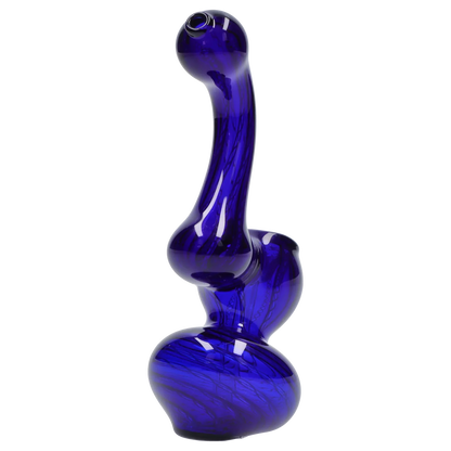 Angled close-up of the deep blue Smoke Cartel Mini Bubbler with Colored Tube showing its curved bubbled stem and glossy reflective surface