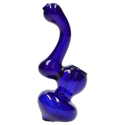 Side profile of a cobalt blue Smoke Cartel Mini Bubbler with Colored Tube showing its curving, twisted glass silhouette and glossy highlights.