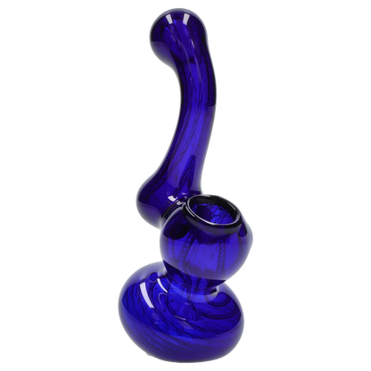 Angled close-up of the cobalt blue Smoke Cartel Mini Bubbler with Colored Tube showing its curved neck, bulbous chamber, and glossy reflective surface