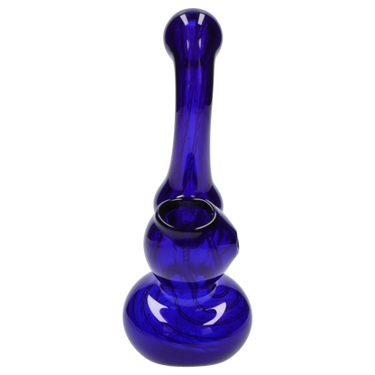 Top-down view of a deep cobalt glass Smoke Cartel Mini Bubbler with Colored Tube showing its rounded base, bulbous midsection and long neck against a white background
