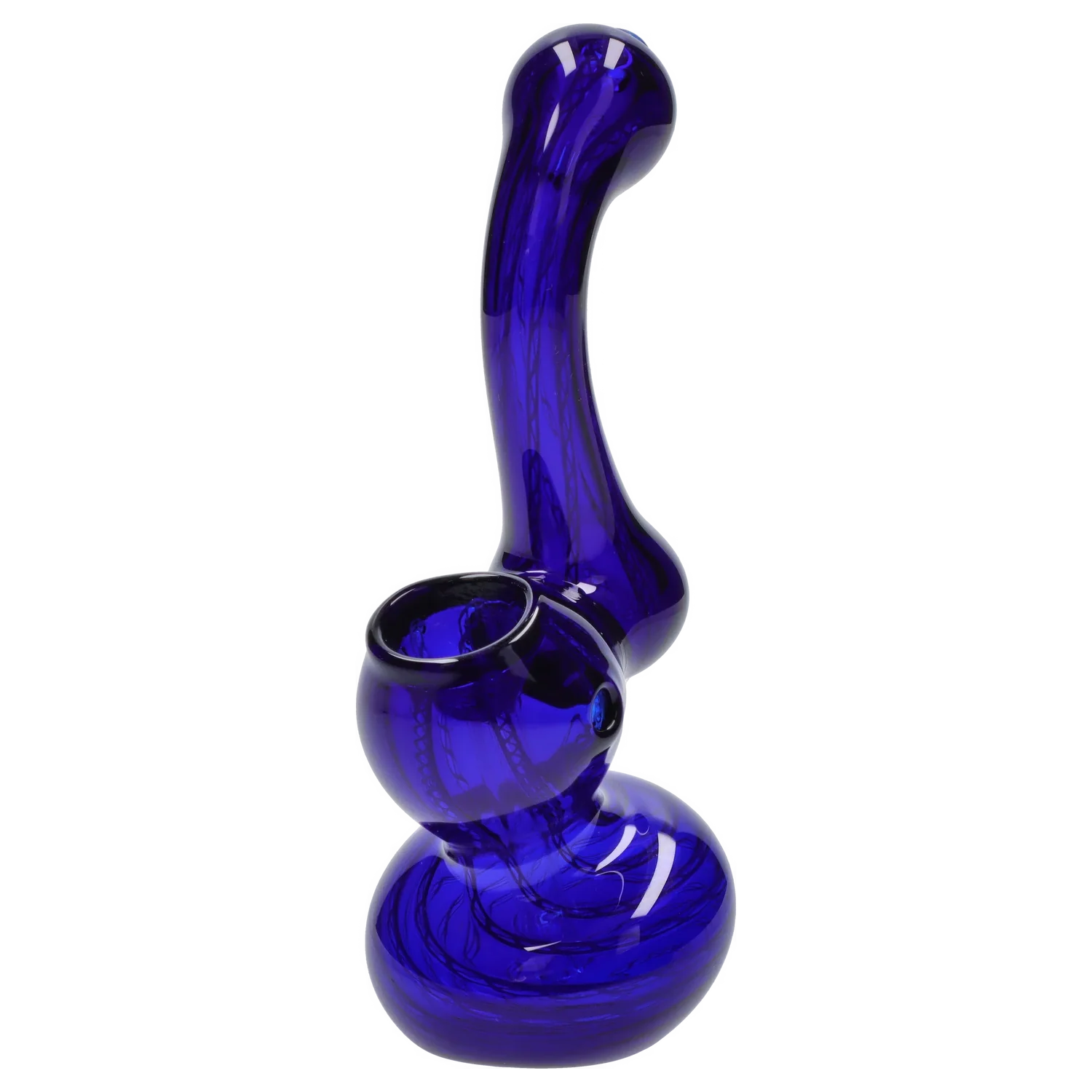 Angled close-up of a cobalt blue Smoke Cartel Mini Bubbler with Colored Tube showing its rounded base, bulbous bowl, and curved neck.