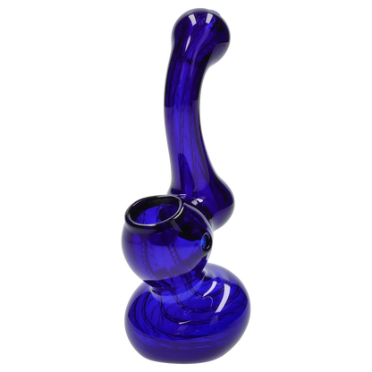 Angled close-up of a cobalt blue Smoke Cartel Mini Bubbler with Colored Tube showing its rounded base, bulbous bowl, and curved neck.
