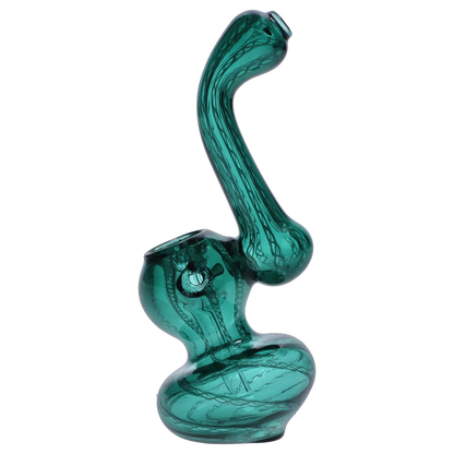 Angled close-up of a blue Smoke Cartel Mini Bubbler with Colored Tube showing its curved neck, bulbous chamber, and twisted internal glass pattern.