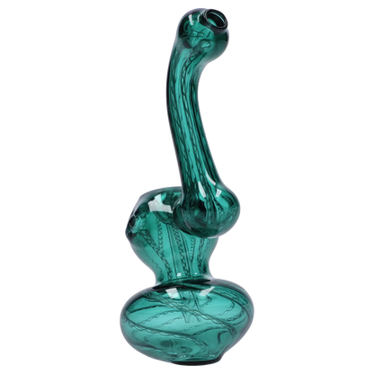 Angled close-up of the black Smoke Cartel Mini Bubbler with Colored Tube showing teal glass swirls and bulbous chambers against a white background