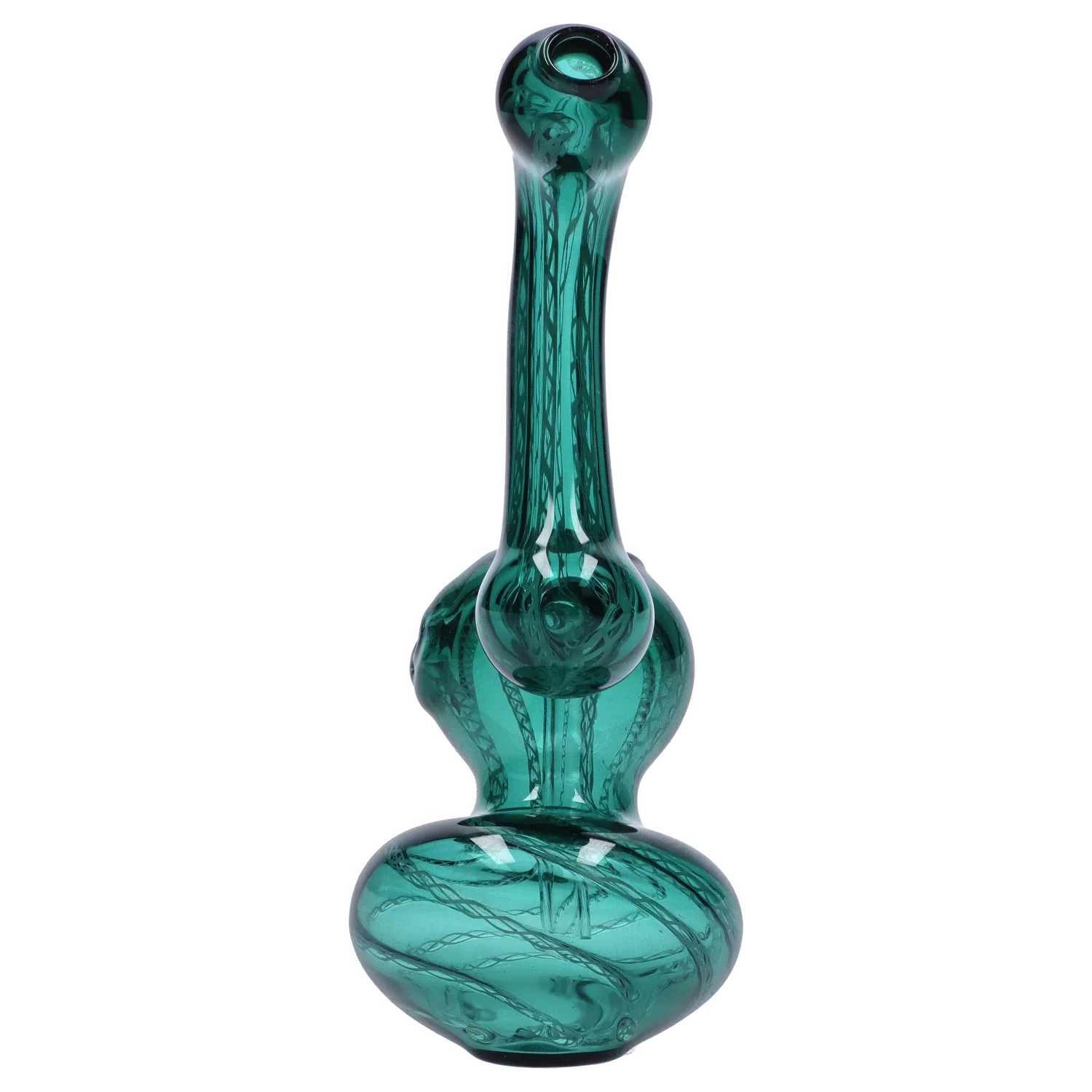 Vertical front view of a brown Smoke Cartel Mini Bubbler with Colored Tube, showing its bulbous base and long slender neck with dark swirled ribbons.
