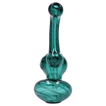 Vertical front view of a brown Smoke Cartel Mini Bubbler with Colored Tube, showing its bulbous base and long slender neck with dark swirled ribbons.