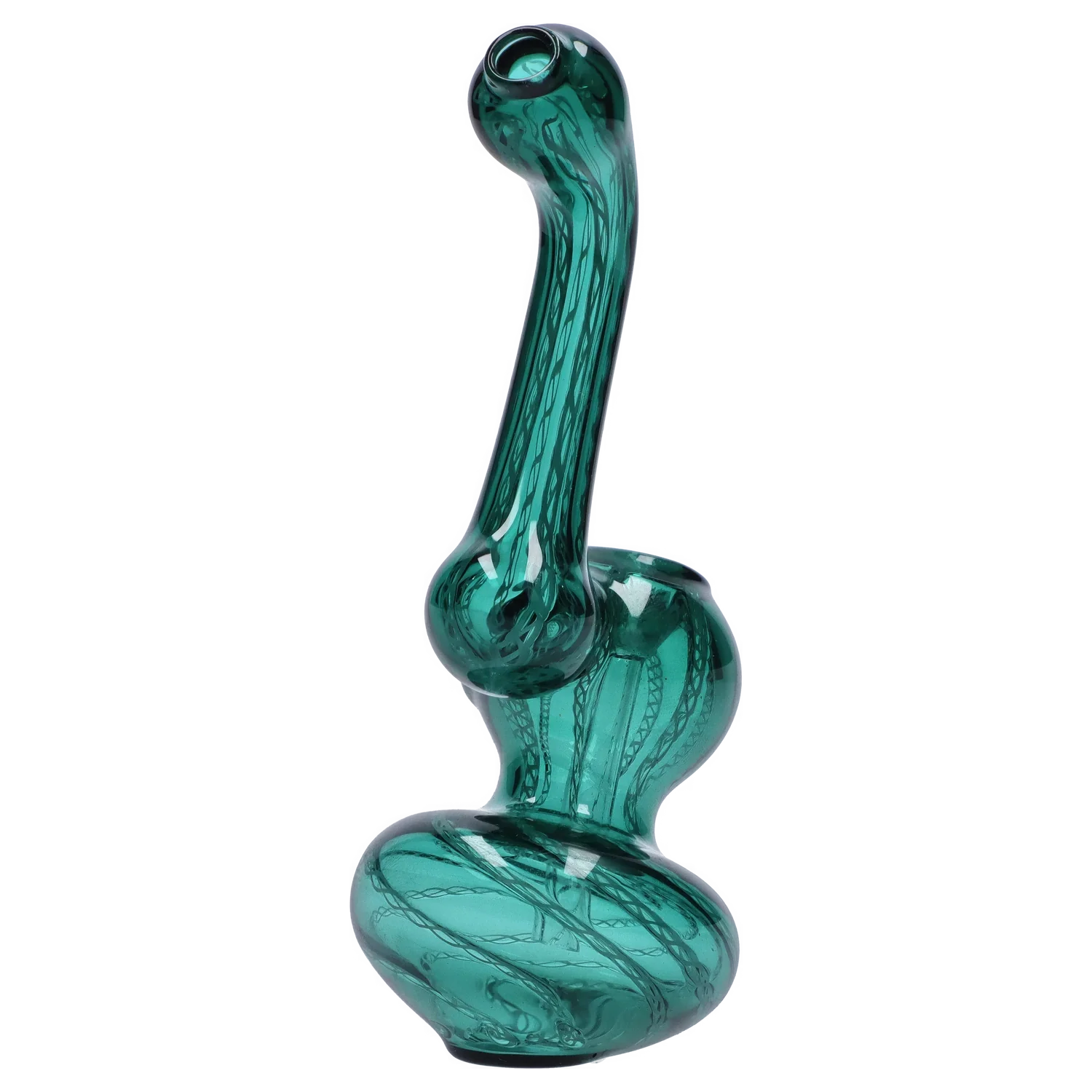 Angled close-up of the Smoke Cartel Mini Bubbler with Colored Tube showing a clear teal glass body with twisted internal cane patterns and a curved neck.