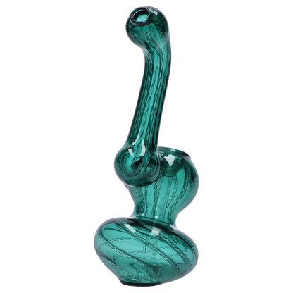 Angled close-up of the Smoke Cartel Mini Bubbler with Colored Tube showing a clear teal glass body with twisted internal cane patterns and a curved neck.