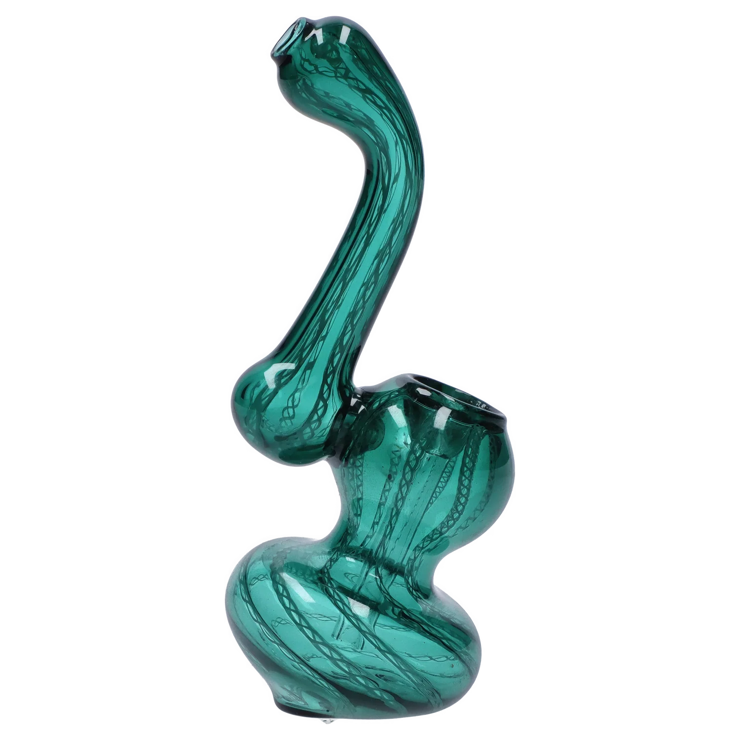 Side view of the Smoke Cartel Mini Bubbler with Colored Tube in dark blue-green glass showing its curved neck, bulbous base, and swirled internal striping.