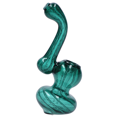 Side view of the Smoke Cartel Mini Bubbler with Colored Tube in dark blue-green glass showing its curved neck, bulbous base, and swirled internal striping.