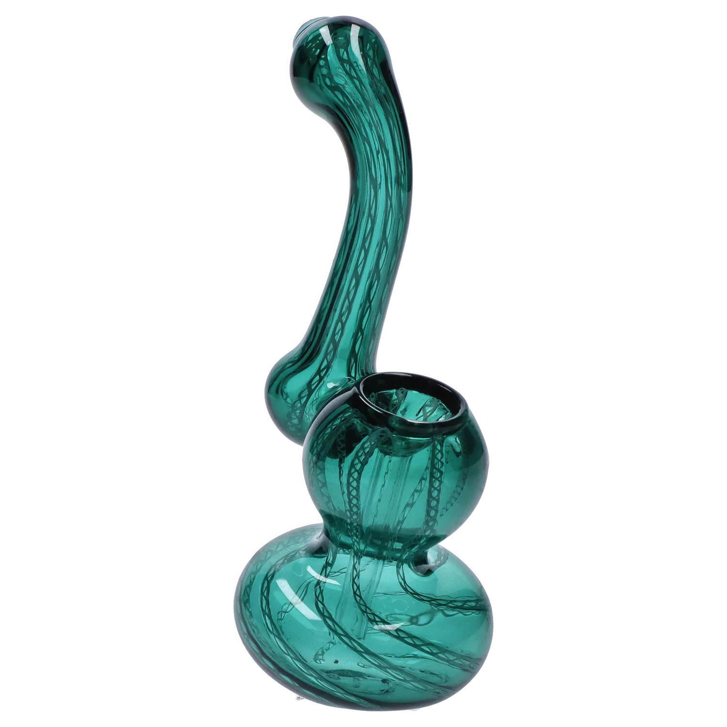 Angled close-up of the Dark Green Smoke Cartel Mini Bubbler with Colored Tube showing its curving neck and rounded bowl against a pale background.
