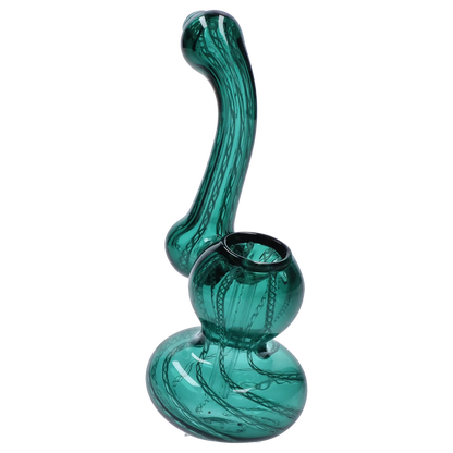 Angled close-up of the Dark Green Smoke Cartel Mini Bubbler with Colored Tube showing its curving neck and rounded bowl against a pale background.