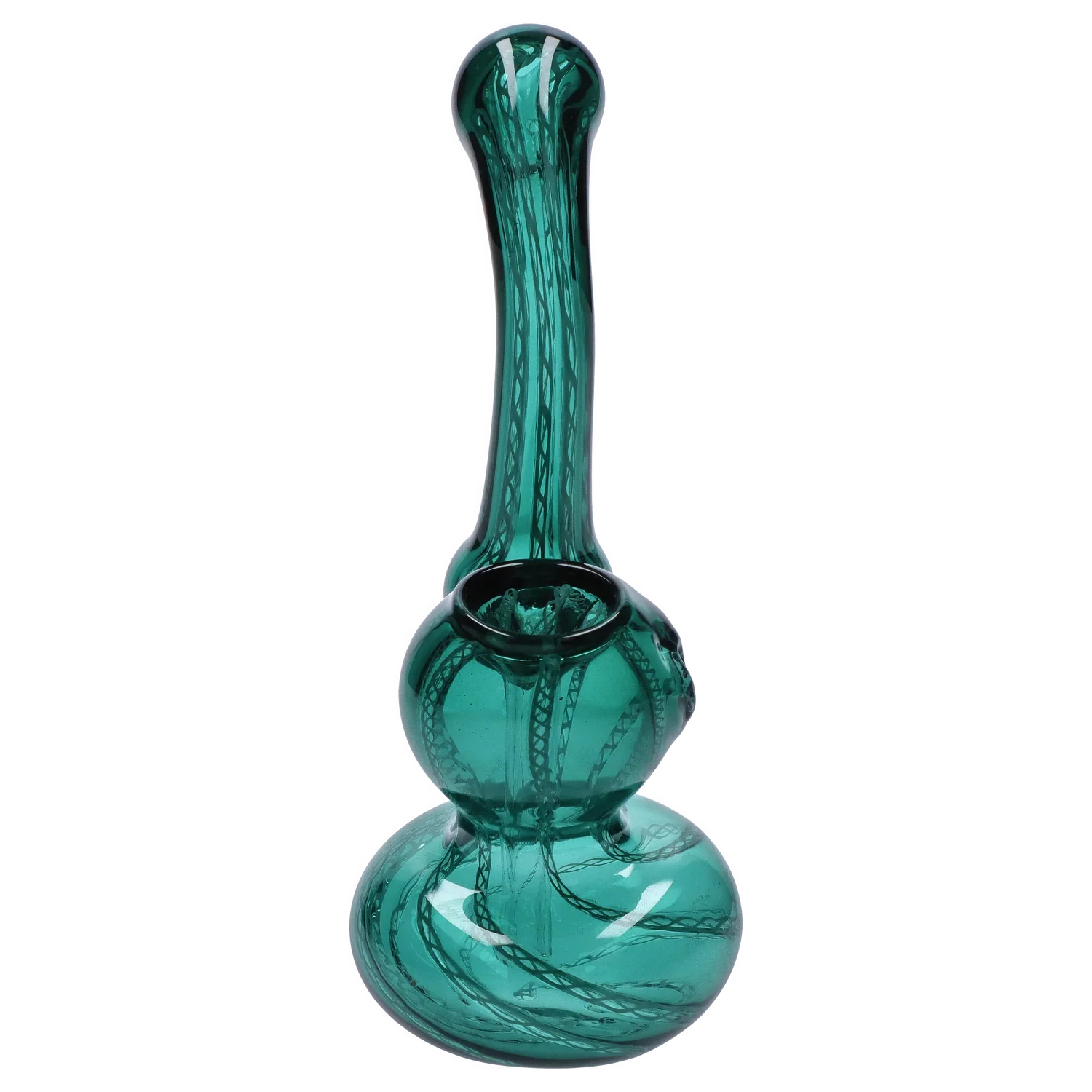 Close-up front view of the Smoke Cartel Mini Bubbler with Colored Tube in translucent green, showing its double-bulb body and long patterned neck.