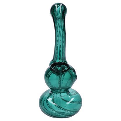 Close-up front view of the Smoke Cartel Mini Bubbler with Colored Tube in translucent green, showing its double-bulb body and long patterned neck.