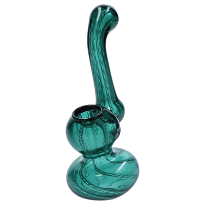 Angled close-up of the Smoke Cartel Mini Bubbler with Colored Tube showing a glossy green glass body and curved neck with dark twisted internal cane patterns.