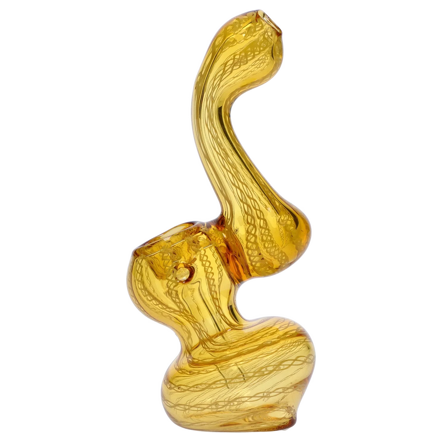 Tilted side view of a yellow Smoke Cartel Mini Bubbler with Colored Tube showing its twisted, snaking glass form and internal threadlike patterns