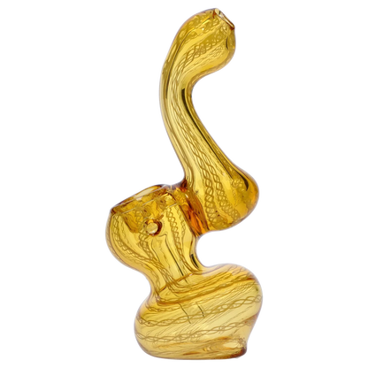 Tilted side view of a yellow Smoke Cartel Mini Bubbler with Colored Tube showing its twisted, snaking glass form and internal threadlike patterns