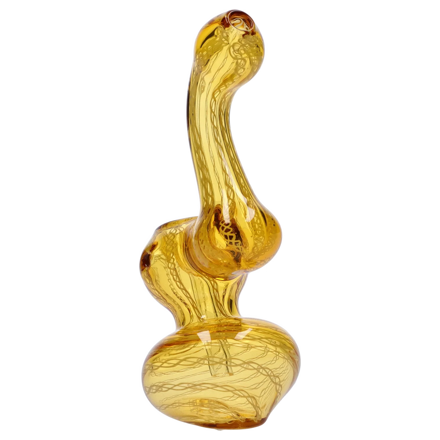 Side view of the amber Smoke Cartel Mini Bubbler with Colored Tube showing its curving neck, bulbous chambers, and internal swirl patterns.