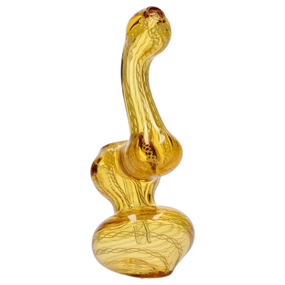 Side view of the amber Smoke Cartel Mini Bubbler with Colored Tube showing its curving neck, bulbous chambers, and internal swirl patterns.