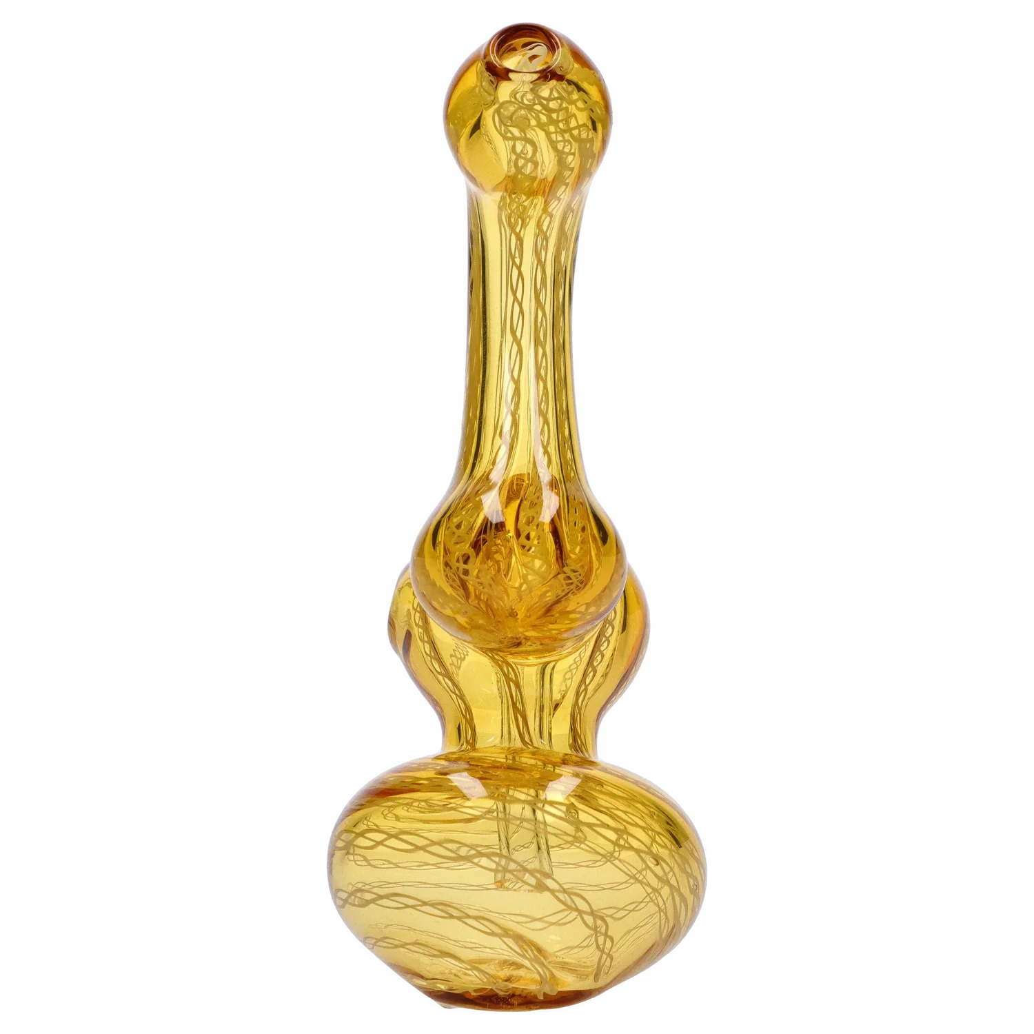Top-down view of the amber-colored Smoke Cartel Mini Bubbler with Colored Tube showing its rounded base, narrow neck, and internal swirl patterns.
