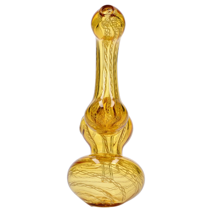 Top-down view of the amber-colored Smoke Cartel Mini Bubbler with Colored Tube showing its rounded base, narrow neck, and internal swirl patterns.
