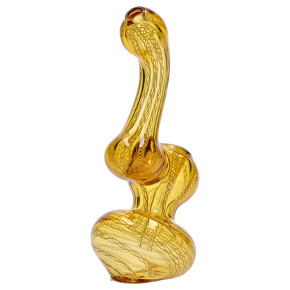Angled close-up of a yellow glass Smoke Cartel Mini Bubbler with Colored Tube showing its twisted, bulbous form and internal spiral cane pattern.