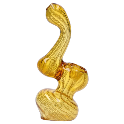 Side view of the amber-colored Smoke Cartel Mini Bubbler with Colored Tube showing its sinuous stacked-bubble glass form against a white background.