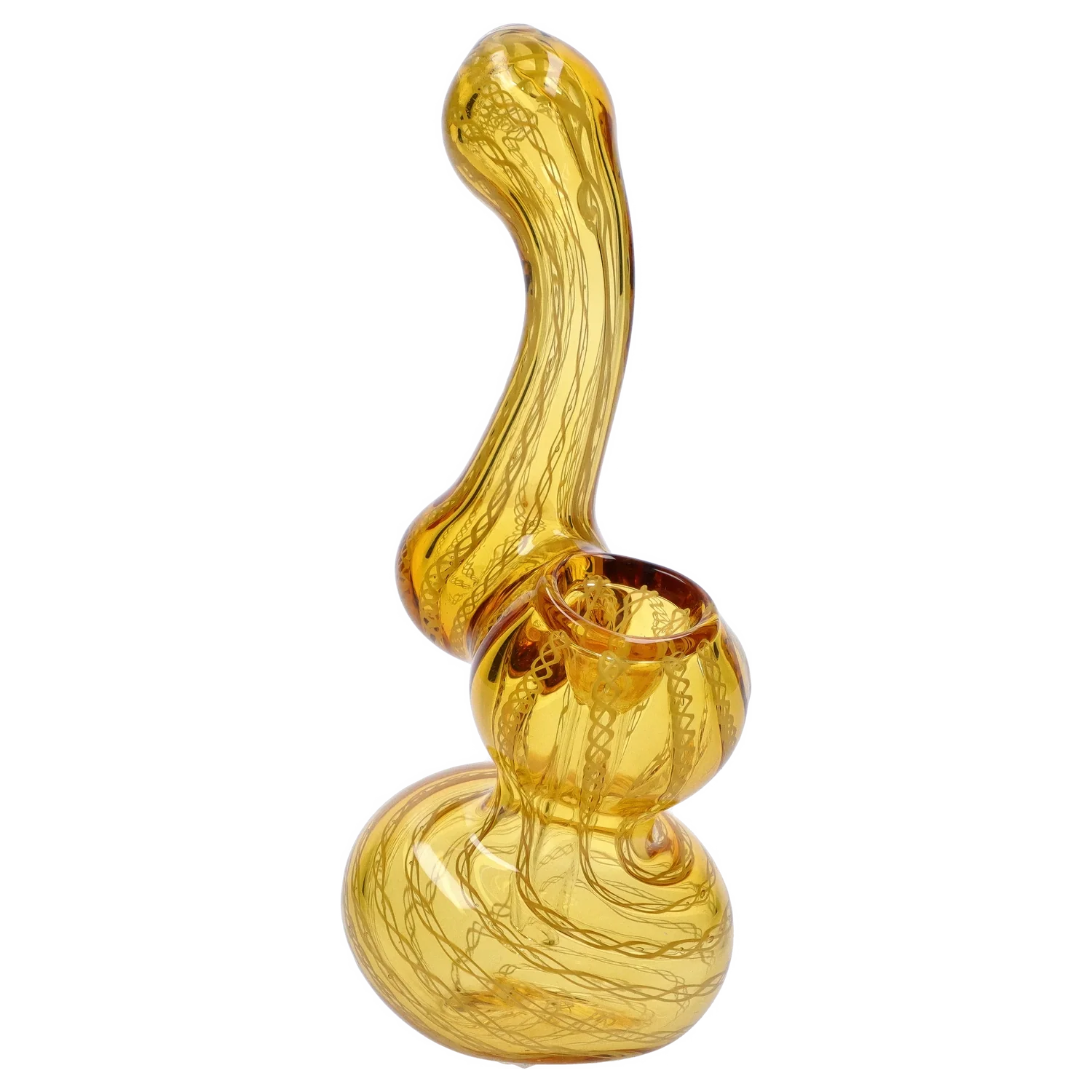 Angled close-up of a yellow glass Smoke Cartel Mini Bubbler with Colored Tube showing its curved neck, swirled internal filaments, and rounded base