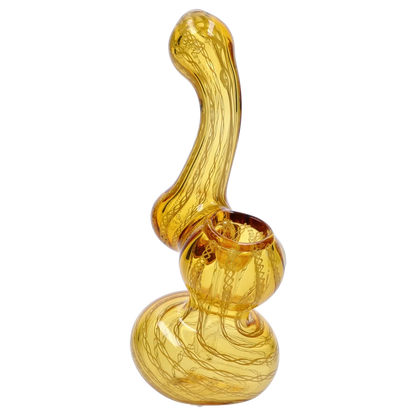 Angled close-up of a yellow glass Smoke Cartel Mini Bubbler with Colored Tube showing its curved neck, swirled internal filaments, and rounded base