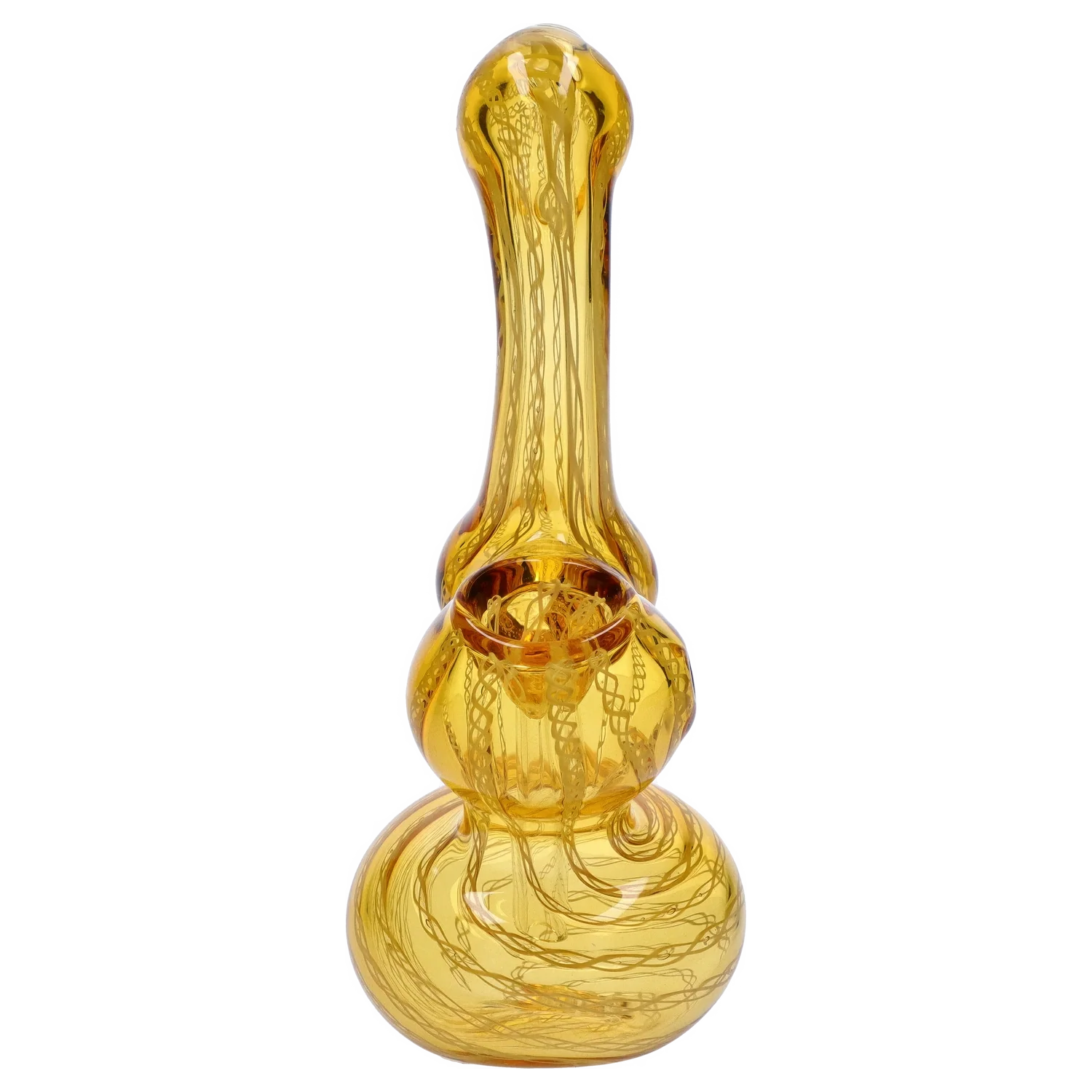 Front-facing view of the Smoke Cartel Mini Bubbler with Colored Tube in amber glass, shown against a white background with visible internal swirl patterns.