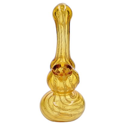 Front-facing view of the Smoke Cartel Mini Bubbler with Colored Tube in amber glass, shown against a white background with visible internal swirl patterns.