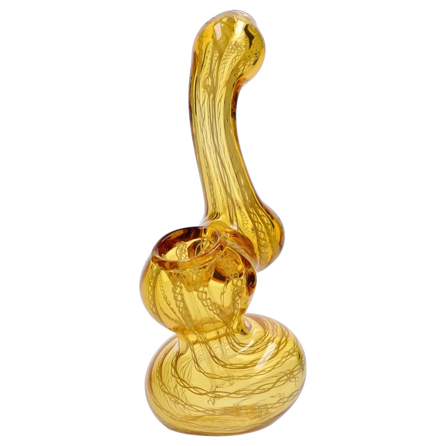 Angled side view of the Smoke Cartel Mini Bubbler with Colored Tube in translucent amber glass showing its curved neck, rounded base, and internal spiral filaments.