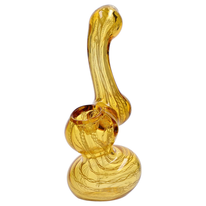 Angled side view of the Smoke Cartel Mini Bubbler with Colored Tube in translucent amber glass showing its curved neck, rounded base, and internal spiral filaments.