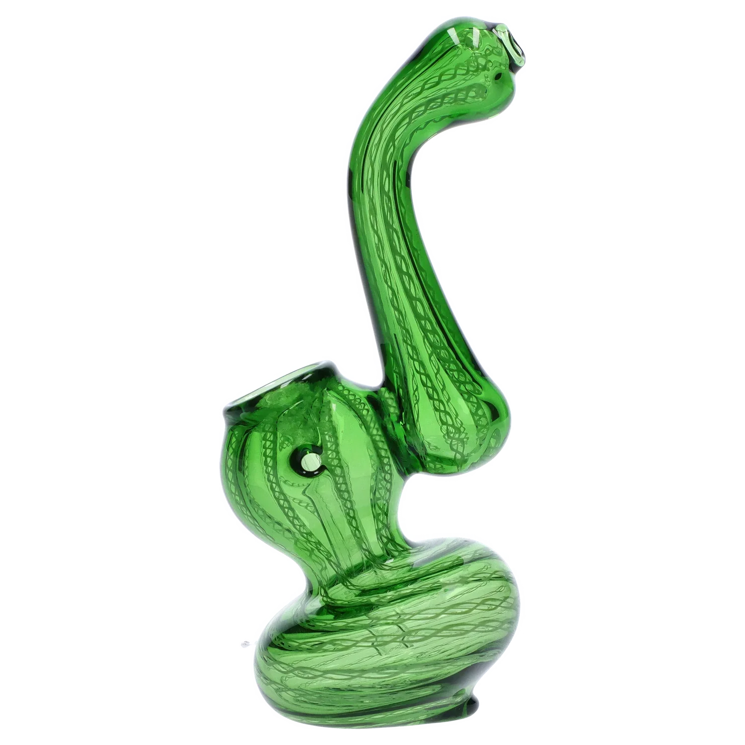 Side profile of the green Smoke Cartel Mini Bubbler with Colored Tube showing its twisted, elongated neck and bulbous base against a white background