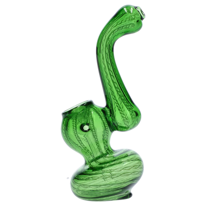 Side profile of the green Smoke Cartel Mini Bubbler with Colored Tube showing its twisted, elongated neck and bulbous base against a white background