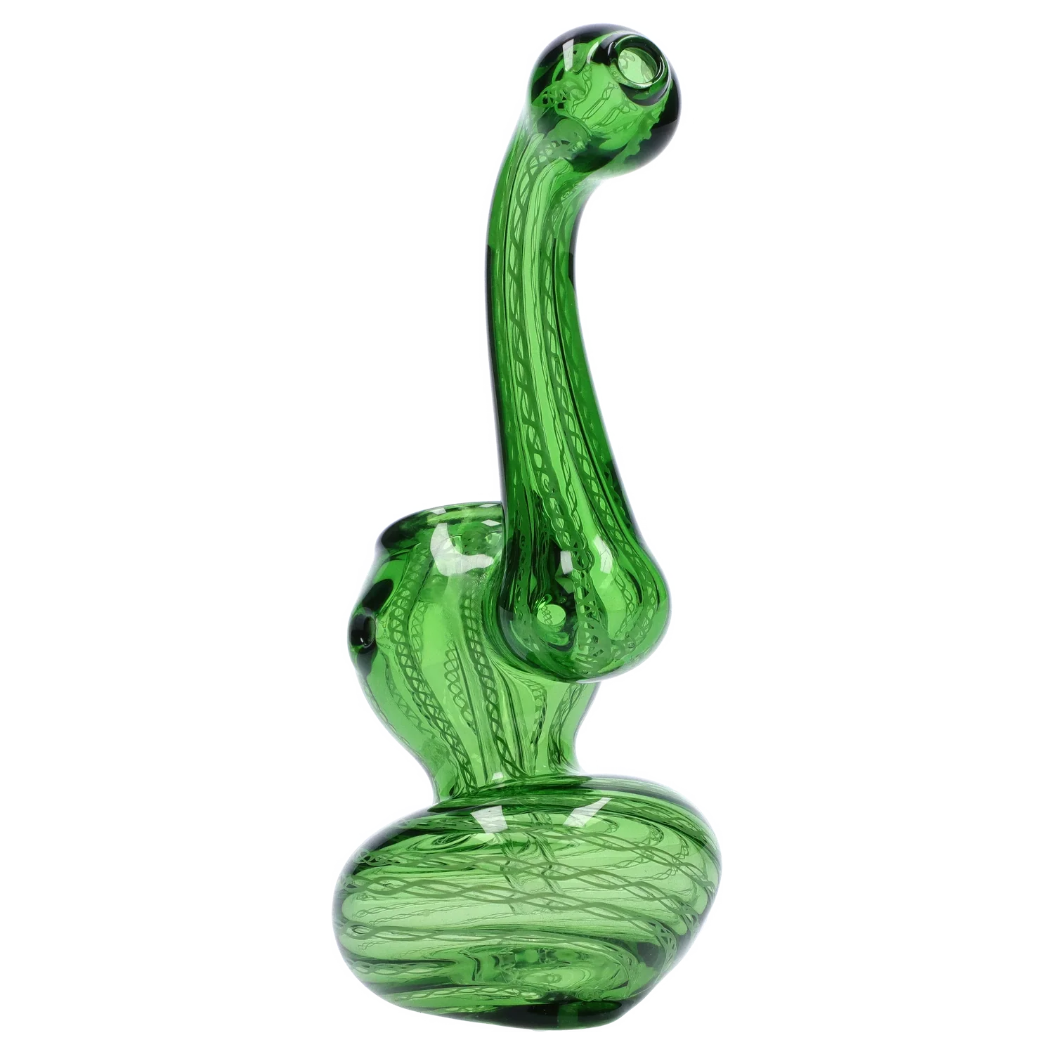 Side view of a green Smoke Cartel Mini Bubbler with Colored Tube showing its tall curved neck, bulbous base, and internal swirl patterns on a white background