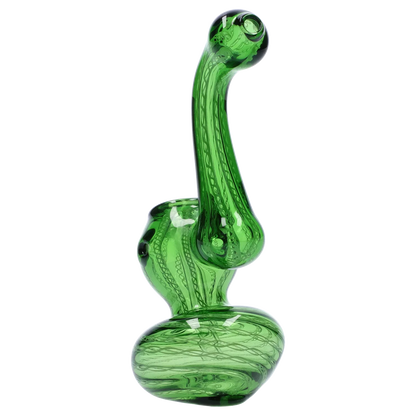 Side view of a green Smoke Cartel Mini Bubbler with Colored Tube showing its tall curved neck, bulbous base, and internal swirl patterns on a white background