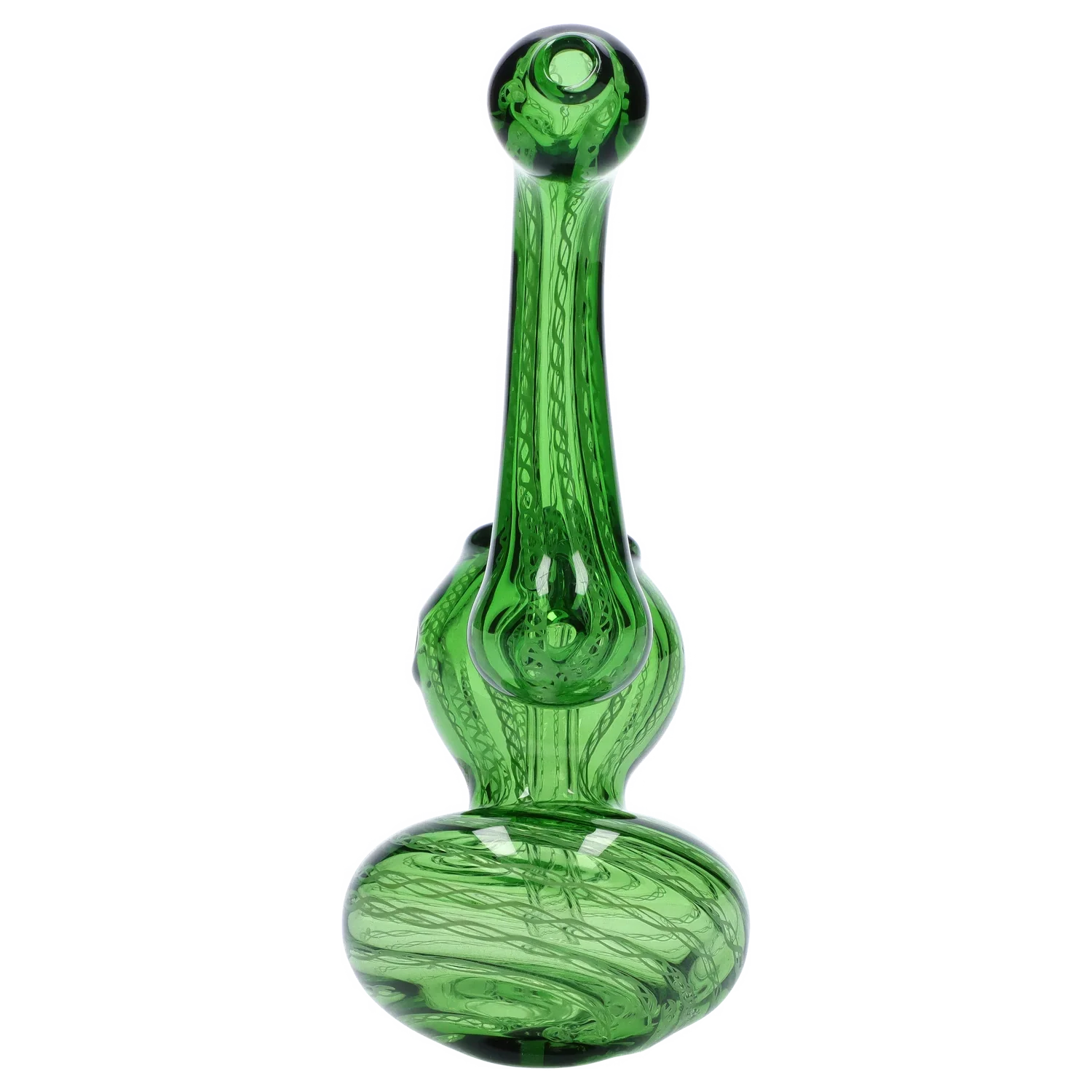 Straight-on view of a green Smoke Cartel Mini Bubbler with Colored Tube showing its tall neck, bulbous base, and swirling internal glass patterns.