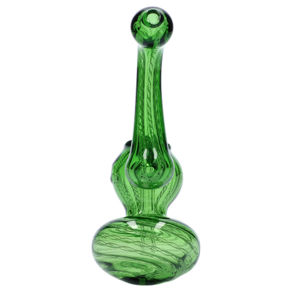 Straight-on view of a green Smoke Cartel Mini Bubbler with Colored Tube showing its tall neck, bulbous base, and swirling internal glass patterns.