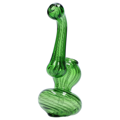 Tall side view of a translucent green Smoke Cartel Mini Bubbler with Colored Tube showing twisted internal cane patterns.