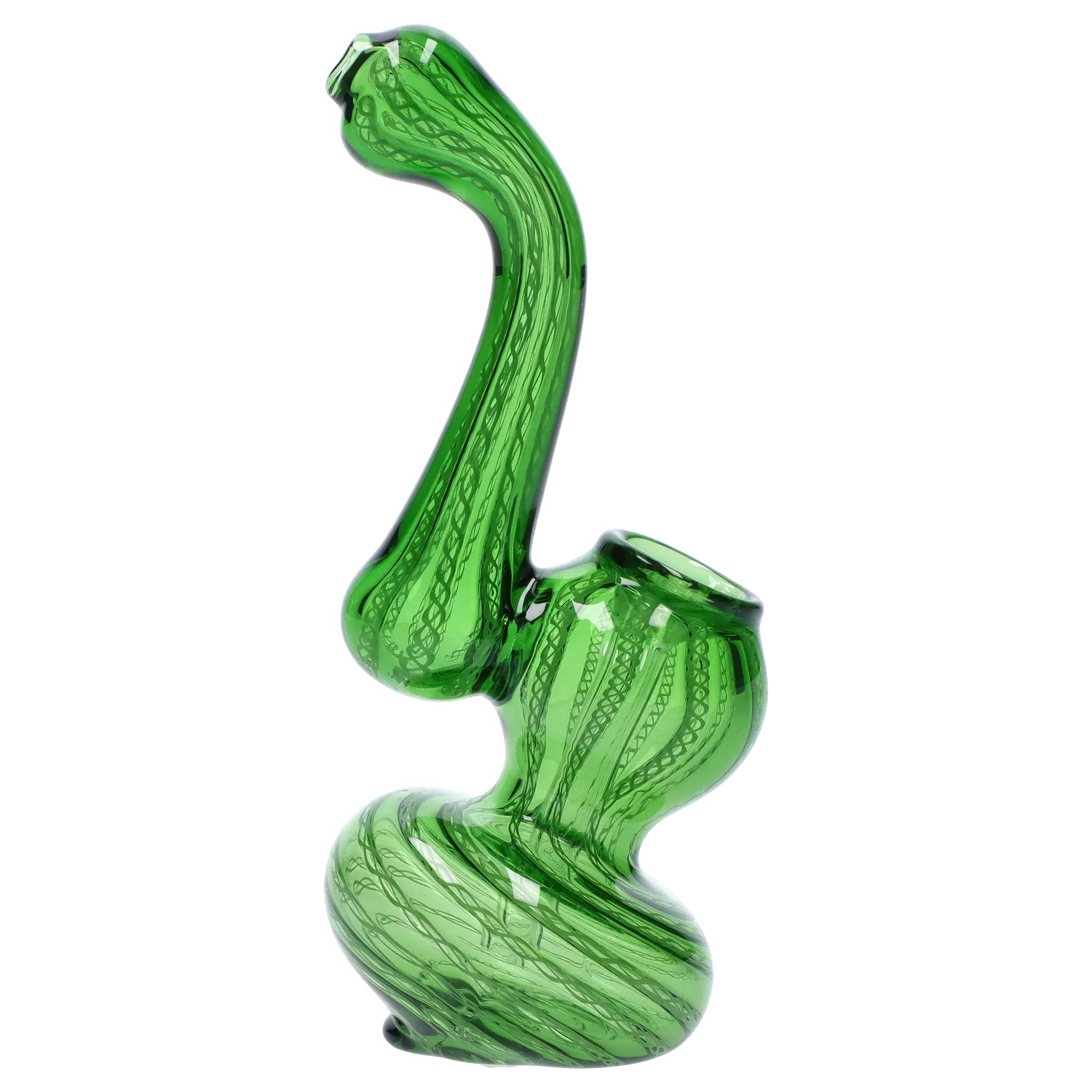 Angled studio shot of a green Smoke Cartel Mini Bubbler with Colored Tube showing its twisted spiral base and curving neck against a white background.