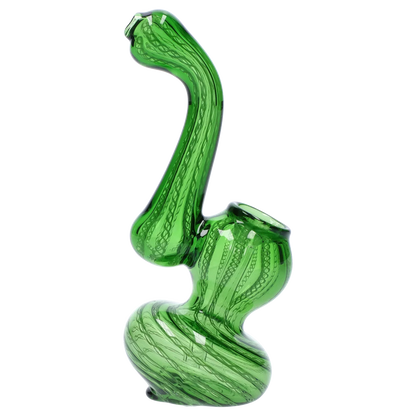 Angled studio shot of a green Smoke Cartel Mini Bubbler with Colored Tube showing its twisted spiral base and curving neck against a white background.