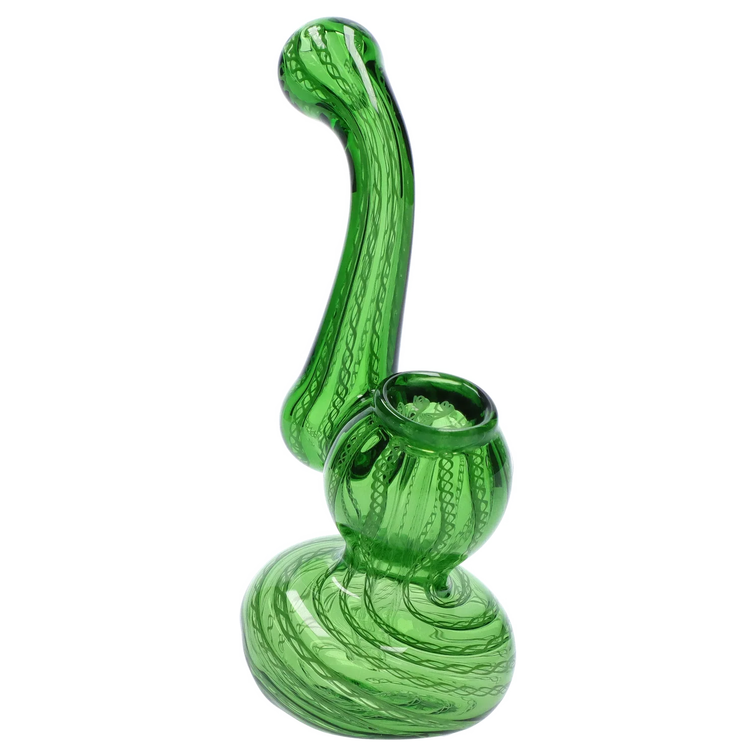 Angled close-up of the green Smoke Cartel Mini Bubbler with Colored Tube showing its swirled base, bulbous bowl, and curving neck against a white background