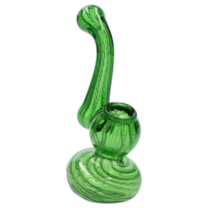 Angled close-up of the green Smoke Cartel Mini Bubbler with Colored Tube showing its swirled base, bulbous bowl, and curving neck against a white background