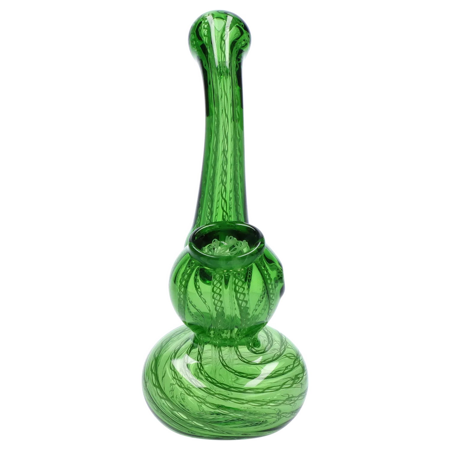 Tall front view of the Smoke Cartel Mini Bubbler with Colored Tube in translucent green glass showing its rounded base, bulbous chamber, and long straight neck.