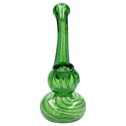 Tall front view of the Smoke Cartel Mini Bubbler with Colored Tube in translucent green glass showing its rounded base, bulbous chamber, and long straight neck.